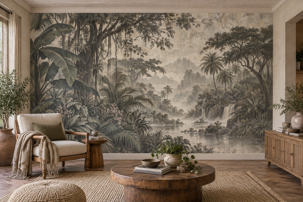 Tropical Jungle Waterfall Wallpaper Vintage Landscape Wall Mural