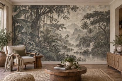 Tropical Jungle Waterfall Wallpaper Vintage Landscape Wall Mural