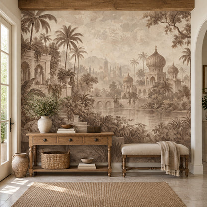 Sepia Tropical Palace Wallpaper Ornate Domes Wall Mural