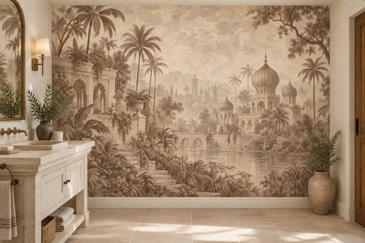 Sepia Tropical Palace Wallpaper Ornate Domes Wall Mural