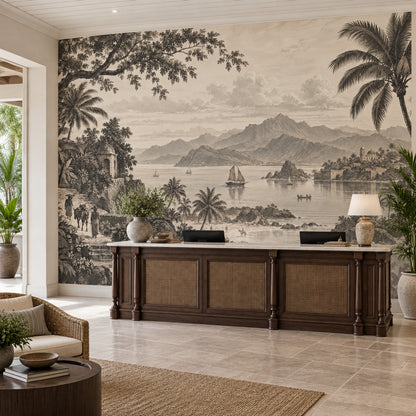 Sepia Tropical Coastline Wallpaper Vintage Panorama Wall Mural