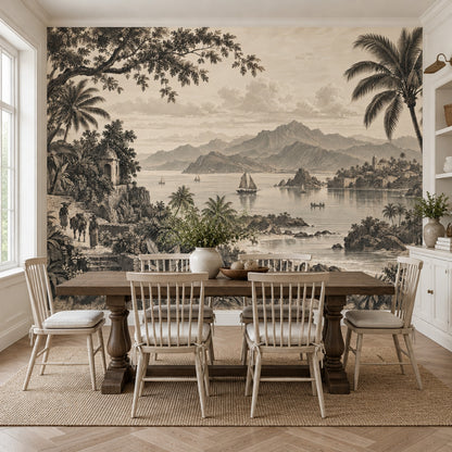 Sepia Tropical Coastline Wallpaper Vintage Panorama Wall Mural