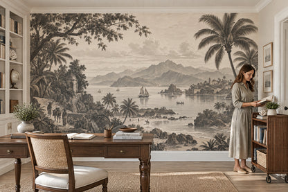 Sepia Tropical Coastline Wallpaper Vintage Panorama Wall Mural