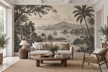 Sepia Tropical Coastline Wallpaper Vintage Panorama Wall Mural