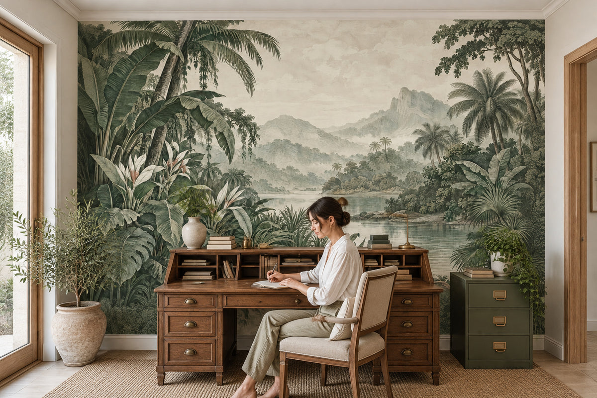 Tropical Palm Landscape Wallpaper Cloudy Sky Wall Mural