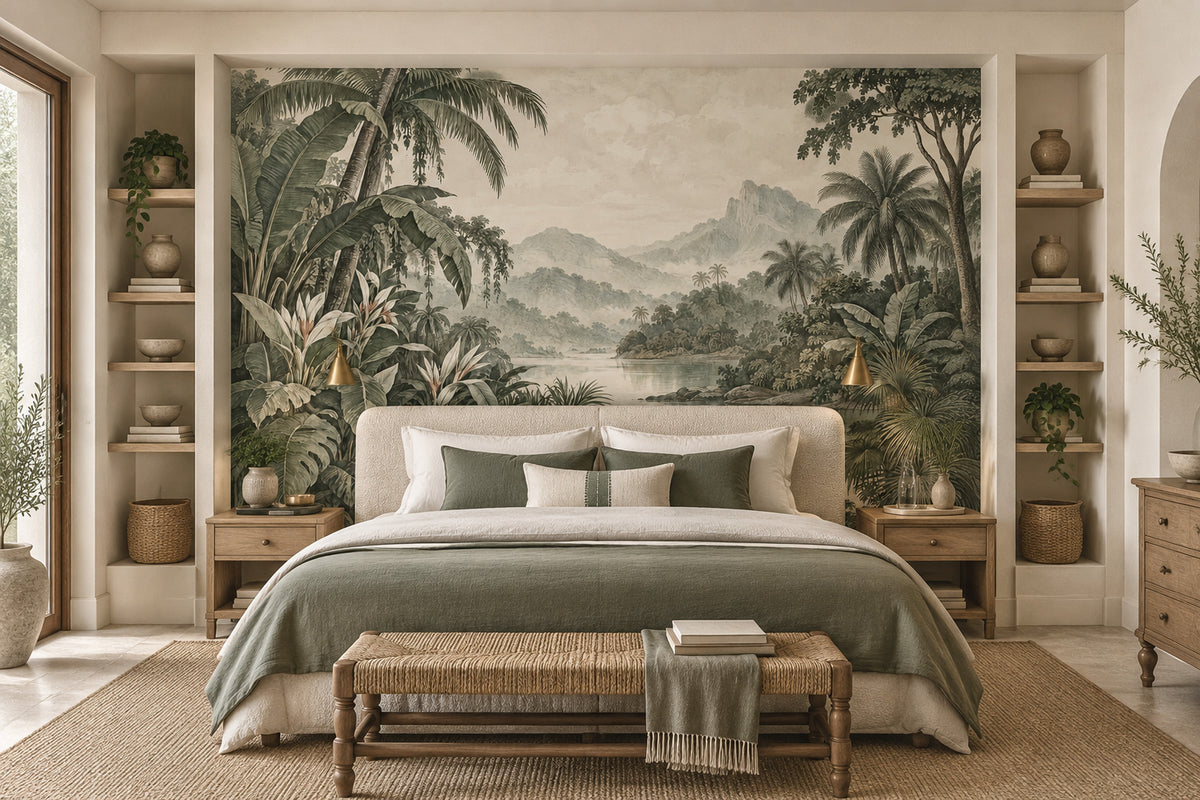 Tropical Palm Landscape Wallpaper Cloudy Sky Wall Mural