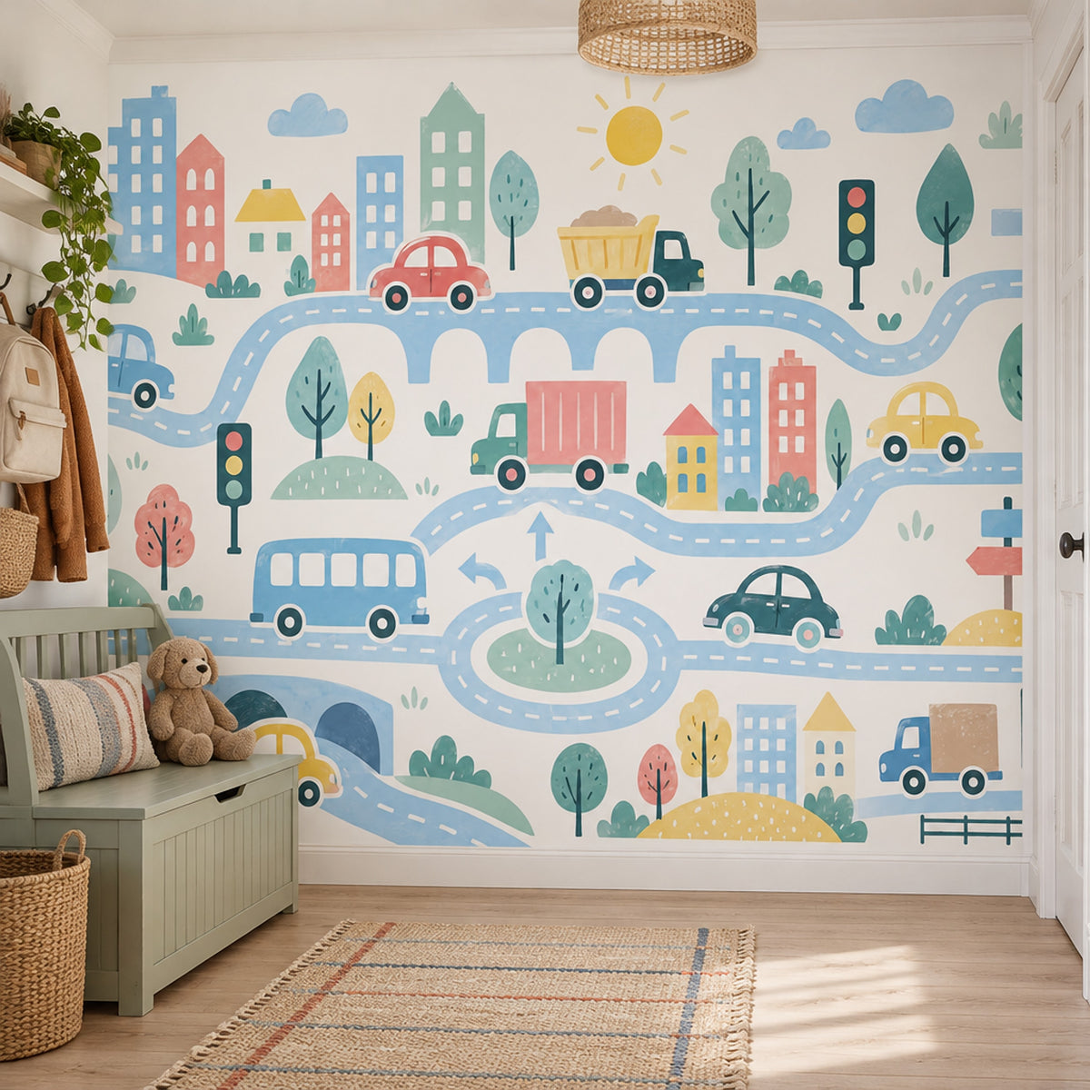 Pastel City Map Roads Wallpaper Kids Traffic Wall Mural
