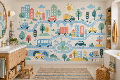 Pastel City Map Roads Wallpaper Kids Traffic Wall Mural