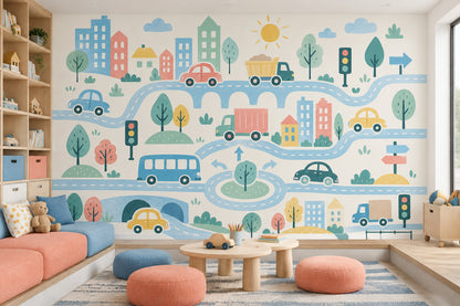 Pastel City Map Roads Wallpaper Kids Traffic Wall Mural