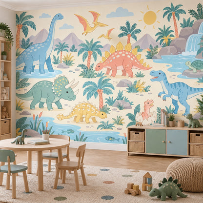Cute Dinosaur Landscape Wallpaper Pastel Jungle Wall Mural