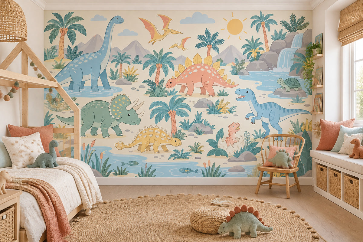 Cute Dinosaur Landscape Wallpaper Pastel Jungle Wall Mural