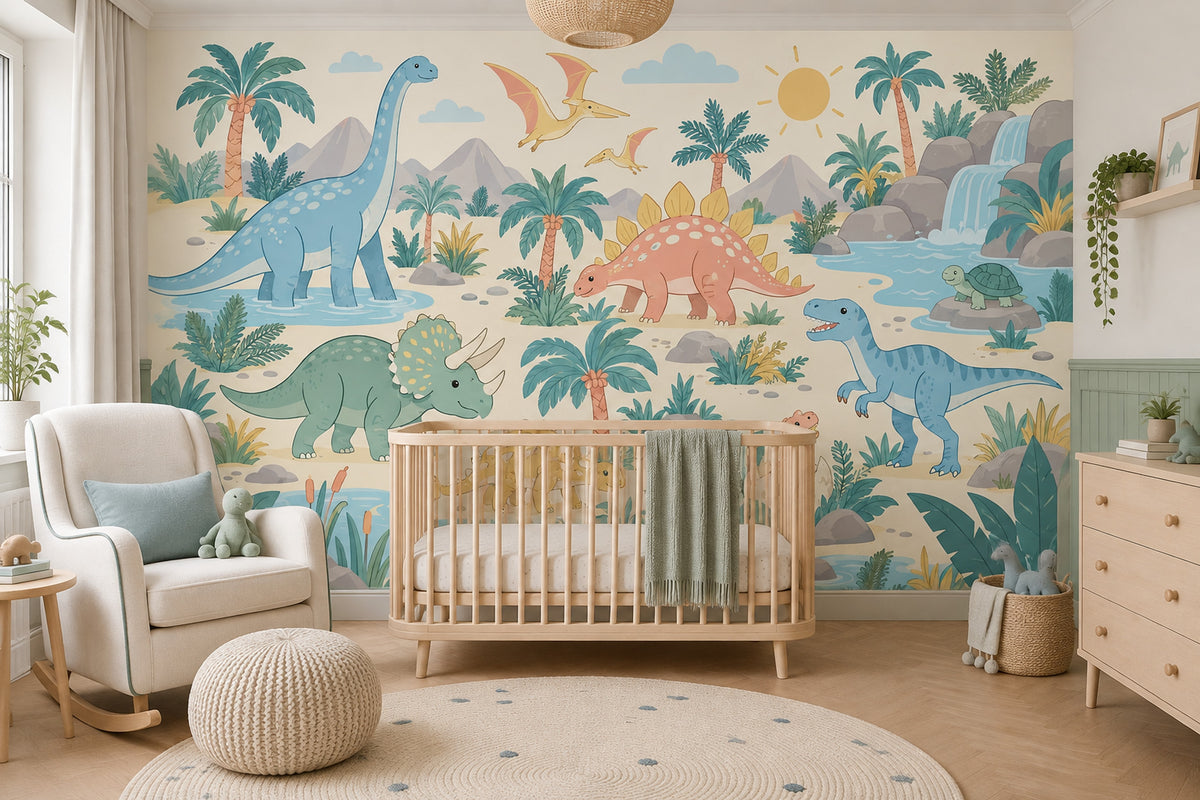 Cute Dinosaur Landscape Wallpaper Pastel Jungle Wall Mural