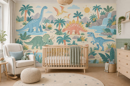 Cute Dinosaur Landscape Wallpaper Pastel Jungle Wall Mural