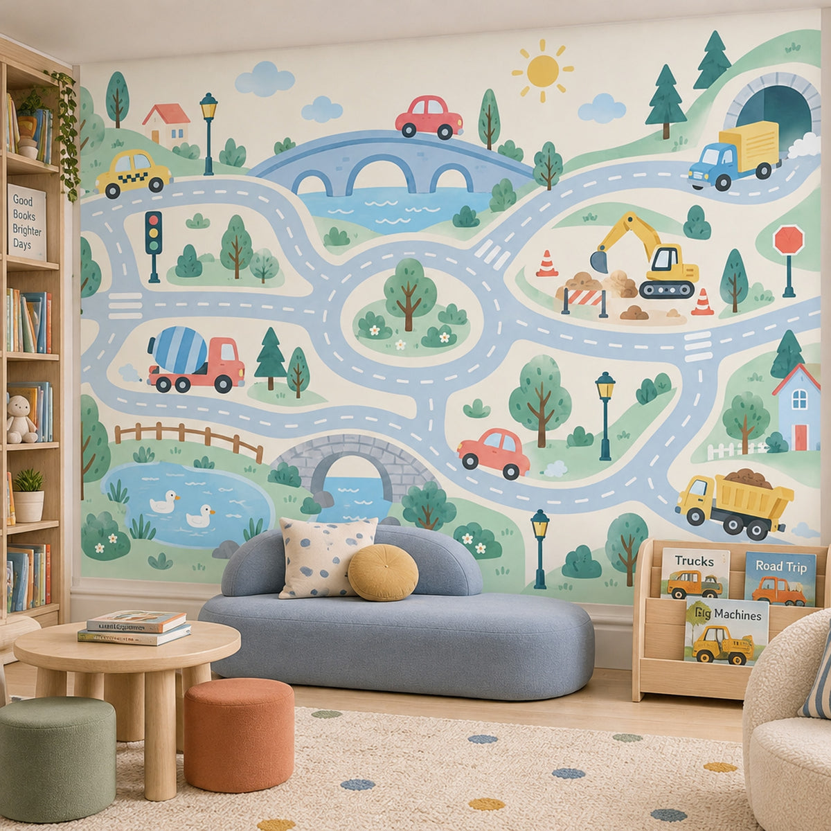 Kids Road Map Town Wallpaper Playful Landscape Wall Mural