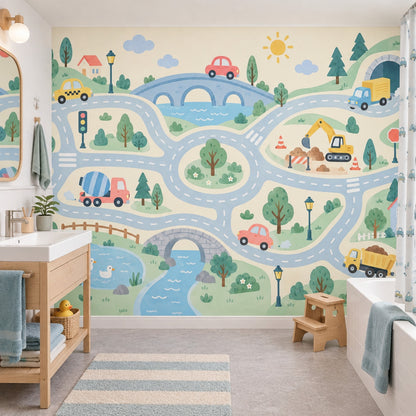 Kids Road Map Town Wallpaper Playful Landscape Wall Mural