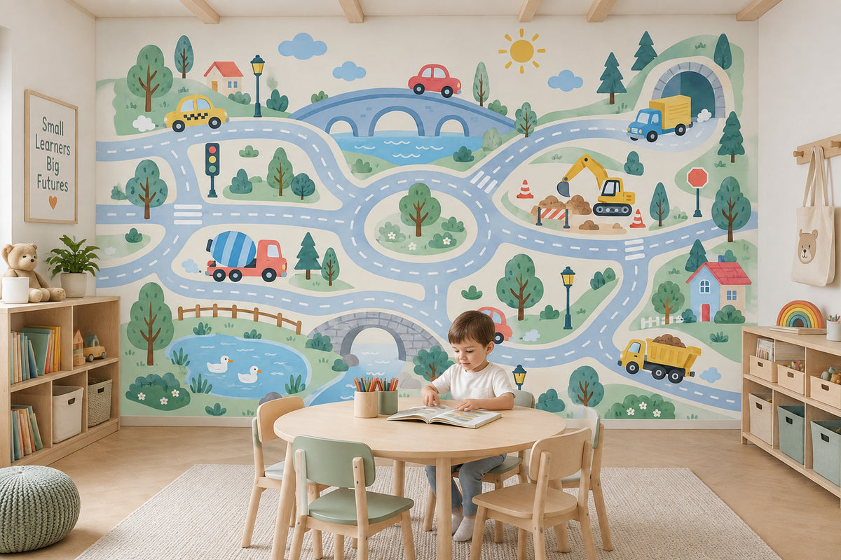 Kids Road Map Town Wallpaper Playful Landscape Wall Mural