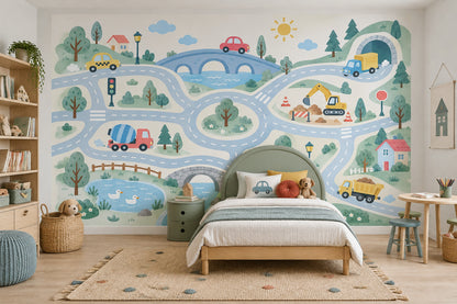 Kids Road Map Town Wallpaper Playful Landscape Wall Mural