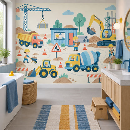 Kids Construction Site Wallpaper Watercolor Trucks And Crane Wall Mural