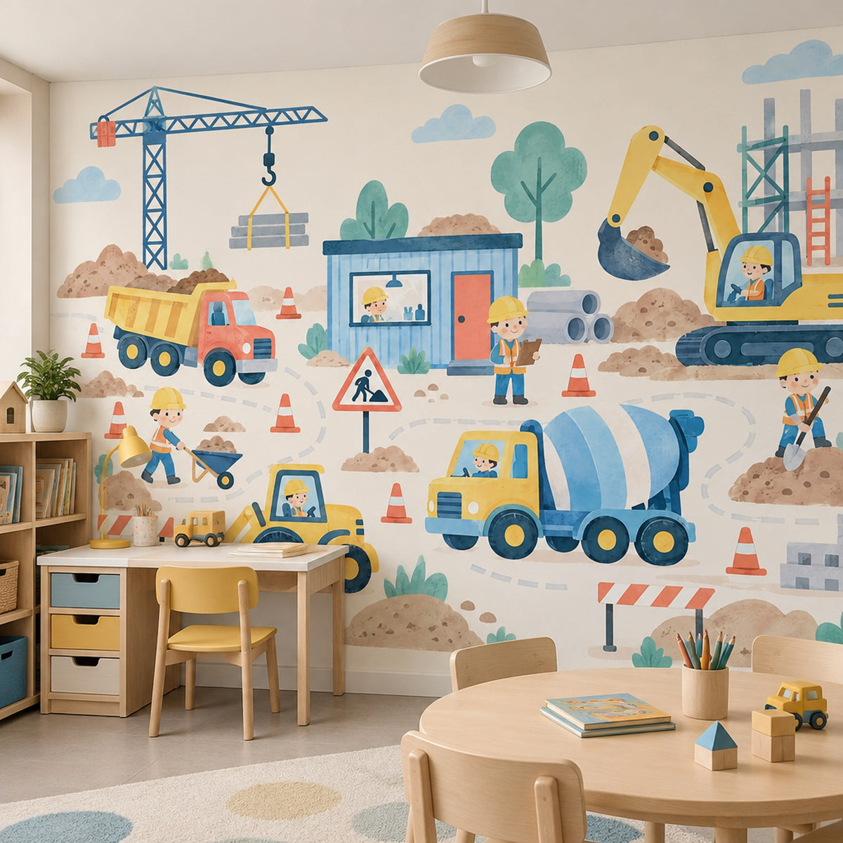 Kids Construction Site Wallpaper Watercolor Trucks And Crane Wall Mural