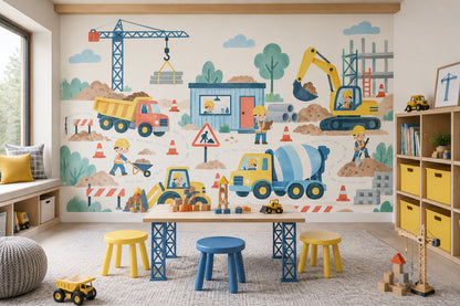 Kids Construction Site Wallpaper Watercolor Trucks And Crane Wall Mural