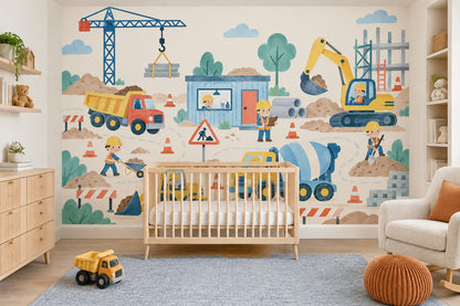 Kids Construction Site Wallpaper Watercolor Trucks And Crane Wall Mural