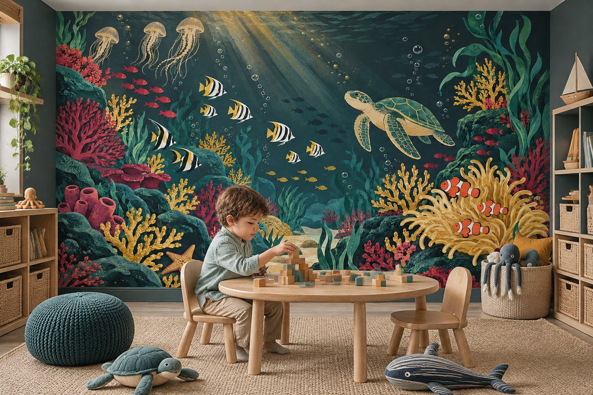 Sea Turtle And Tropical Fish Wallpaper Coral Reef Wall Mural