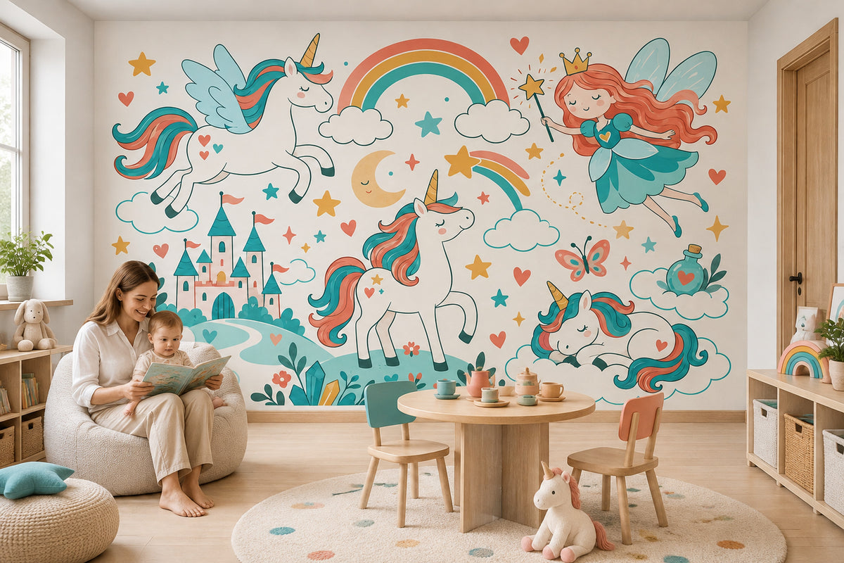 Unicorn Fairy Castle Wallpaper Whimsical Fantasy Wall Mural