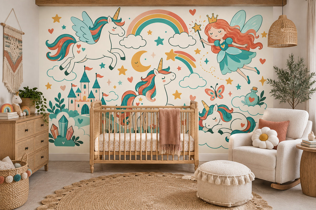 Unicorn Fairy Castle Wallpaper Whimsical Fantasy Wall Mural