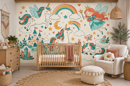 Unicorn Fairy Castle Wallpaper Whimsical Fantasy Wall Mural