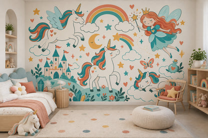 Unicorn Fairy Castle Wallpaper Whimsical Fantasy Wall Mural