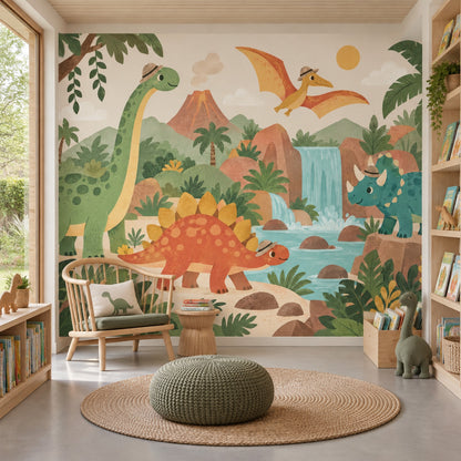 Cute Jungle Dinosaurs Wallpaper Tropical Adventure Wall Mural