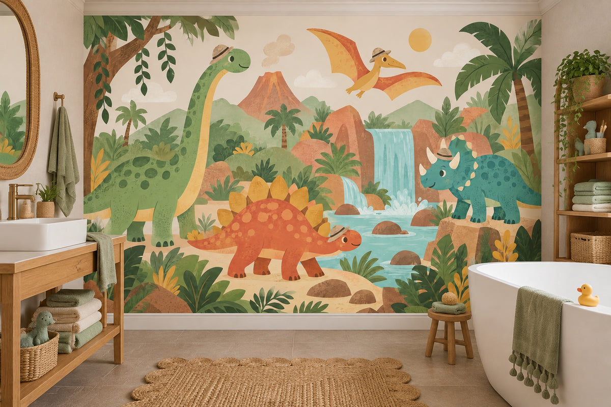 Cute Jungle Dinosaurs Wallpaper Tropical Adventure Wall Mural