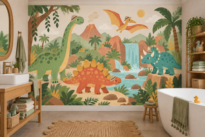 Cute Jungle Dinosaurs Wallpaper Tropical Adventure Wall Mural