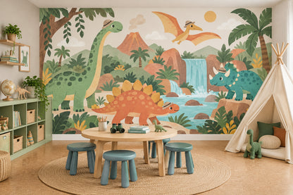 Cute Jungle Dinosaurs Wallpaper Tropical Adventure Wall Mural