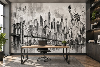 York City Skyline Wallpaper Monochrome Urban Wall Mural