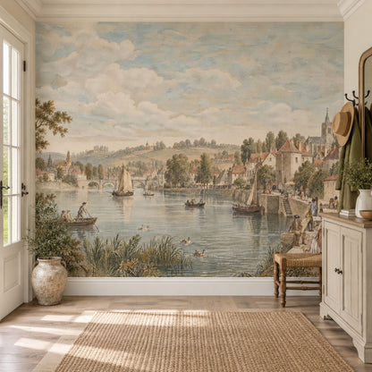 European Riverside Town Wallpaper Vintage Landscape Wall Mural