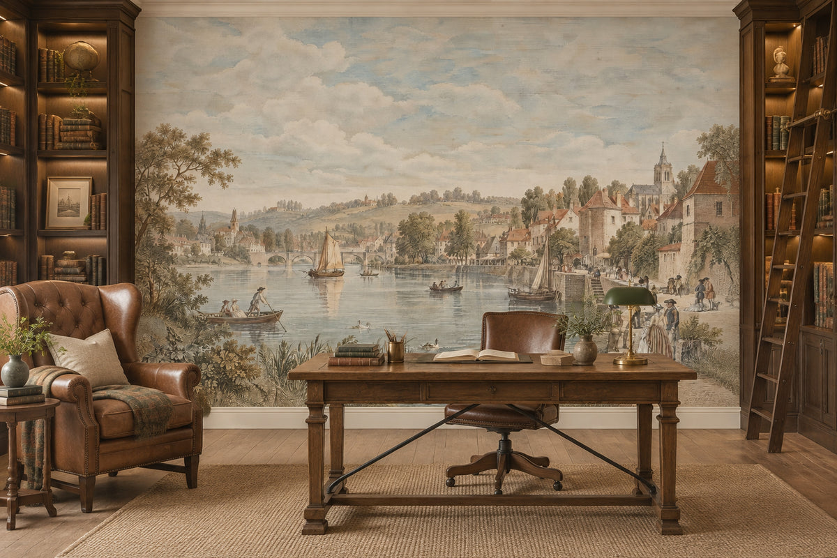 European Riverside Town Wallpaper Vintage Landscape Wall Mural