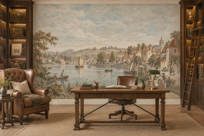 European Riverside Town Wallpaper Vintage Landscape Wall Mural