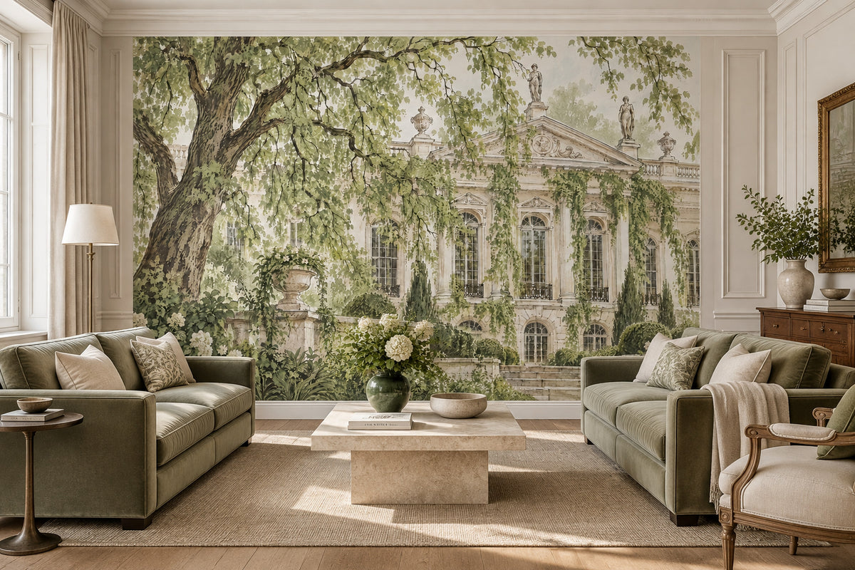 European Manor Facade Wallpaper Vintage Garden Wall Mural