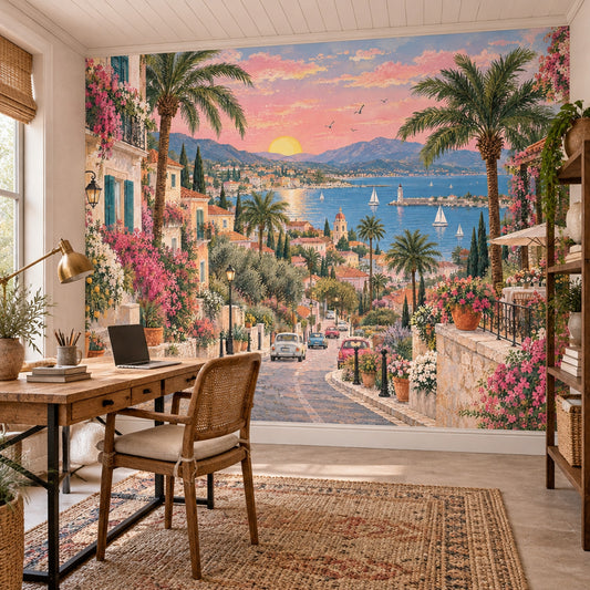 Mediterranean Coastal Village Sunset Wallpaper Romantic Seaside Wall Mural