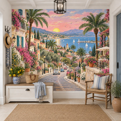 Mediterranean Coastal Village Sunset Wallpaper Romantic Seaside Wall Mural