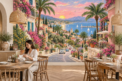 Mediterranean Coastal Village Sunset Wallpaper Romantic Seaside Wall Mural