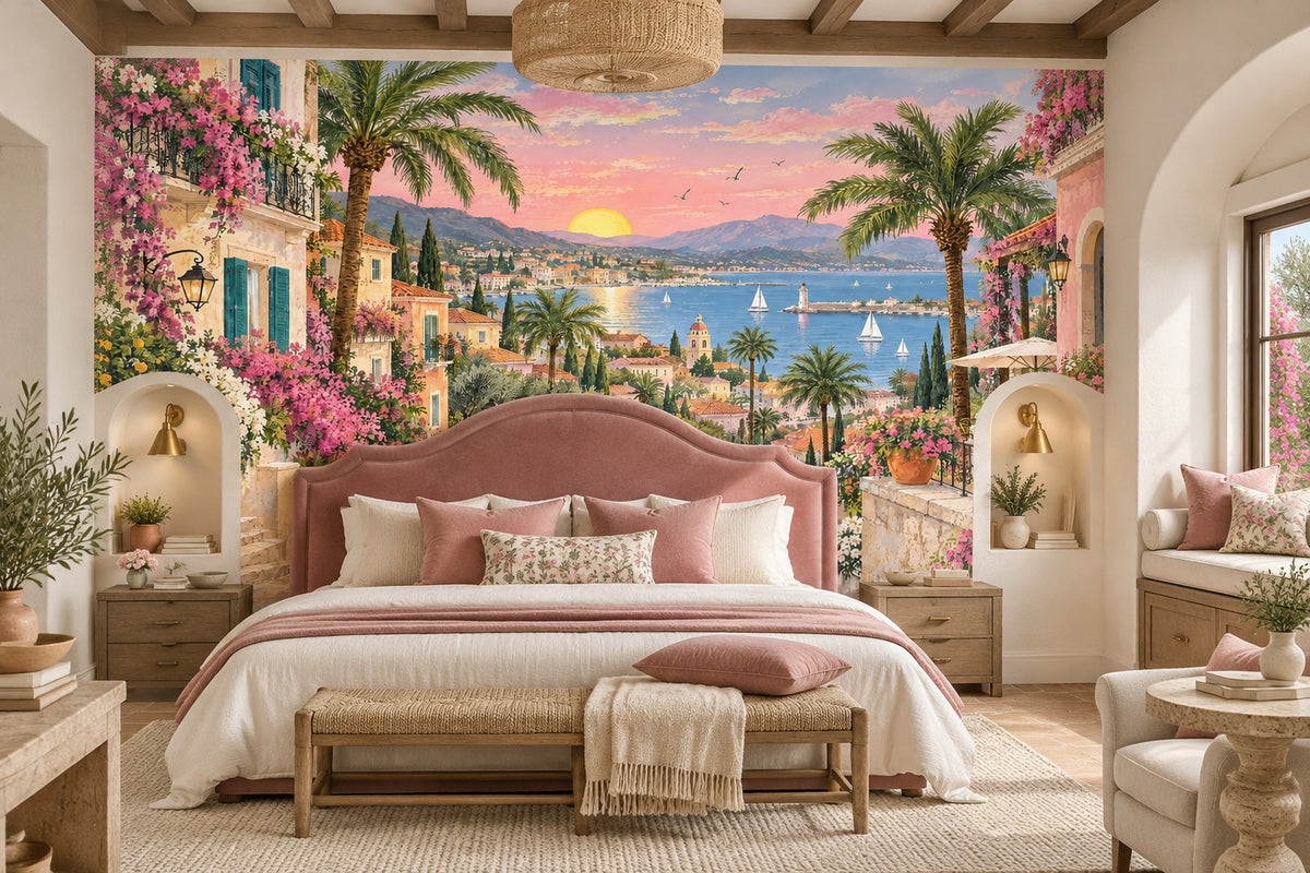 Mediterranean Coastal Village Sunset Wallpaper Romantic Seaside Wall Mural