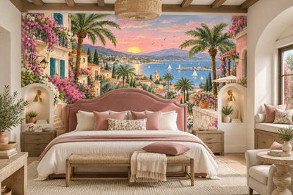 Mediterranean Coastal Village Sunset Wallpaper Romantic Seaside Wall Mural