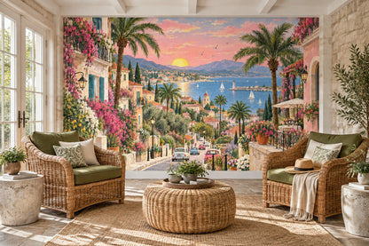 Mediterranean Coastal Village Sunset Wallpaper Romantic Seaside Wall Mural