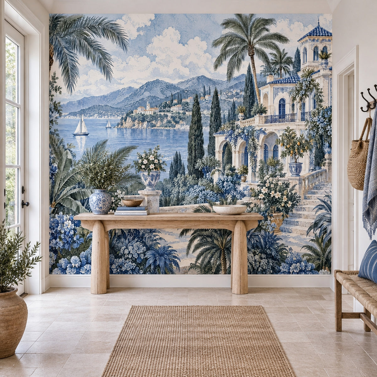 Mediterranean Villa Seascape Wallpaper Watercolor Coastal Wall Mural