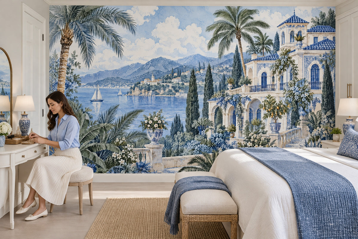 Mediterranean Villa Seascape Wallpaper Watercolor Coastal Wall Mural