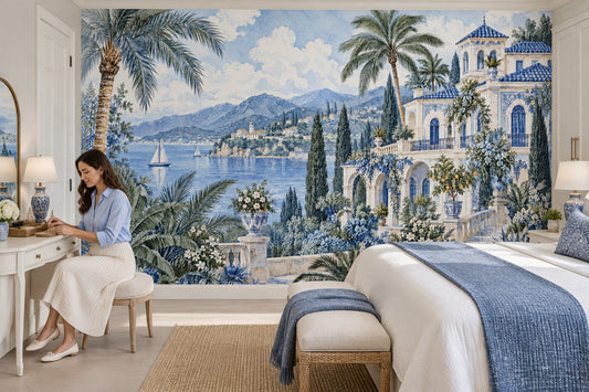 Mediterranean Villa Seascape Wallpaper Watercolor Coastal Wall Mural