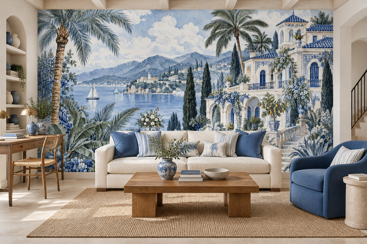 Mediterranean Villa Seascape Wallpaper Watercolor Coastal Wall Mural