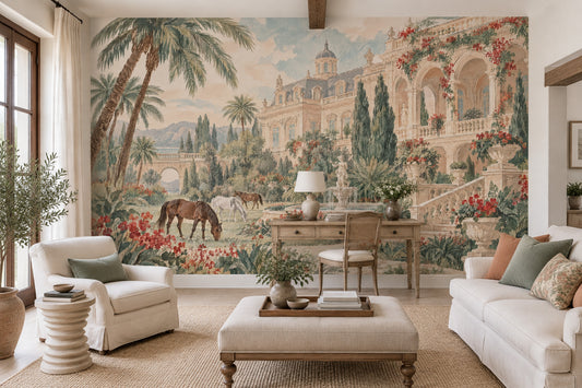 Mediterranean Palace Garden Wallpaper Vintage Watercolor Wall Mural